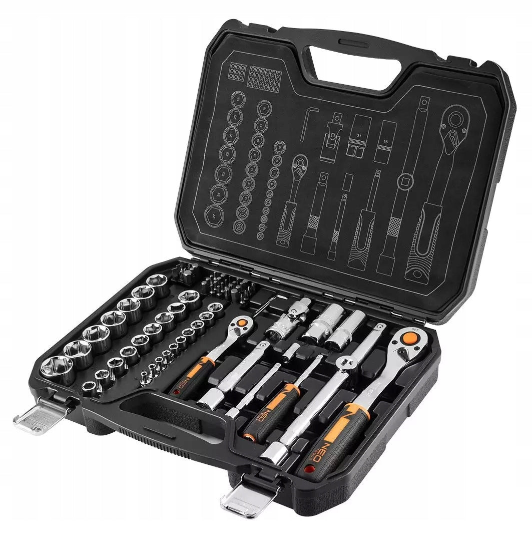 NEO 10-054 SOCKET WRENCHES RATCHET CAPS BITS SUITCASE SET 73 PIECES