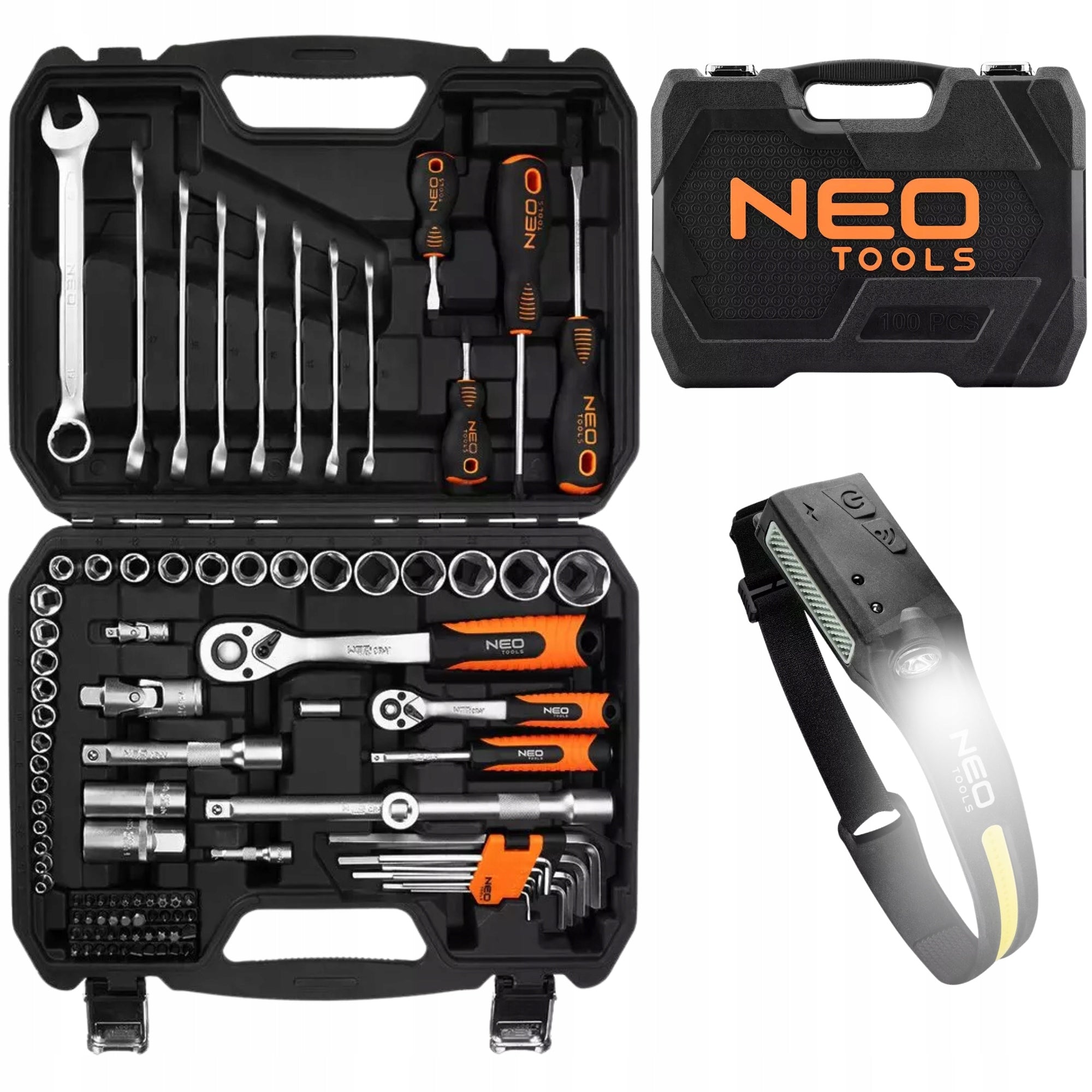NEO Socket Wrench Set 100 el 1/2 1/4 + Rechargeable Headlamp
