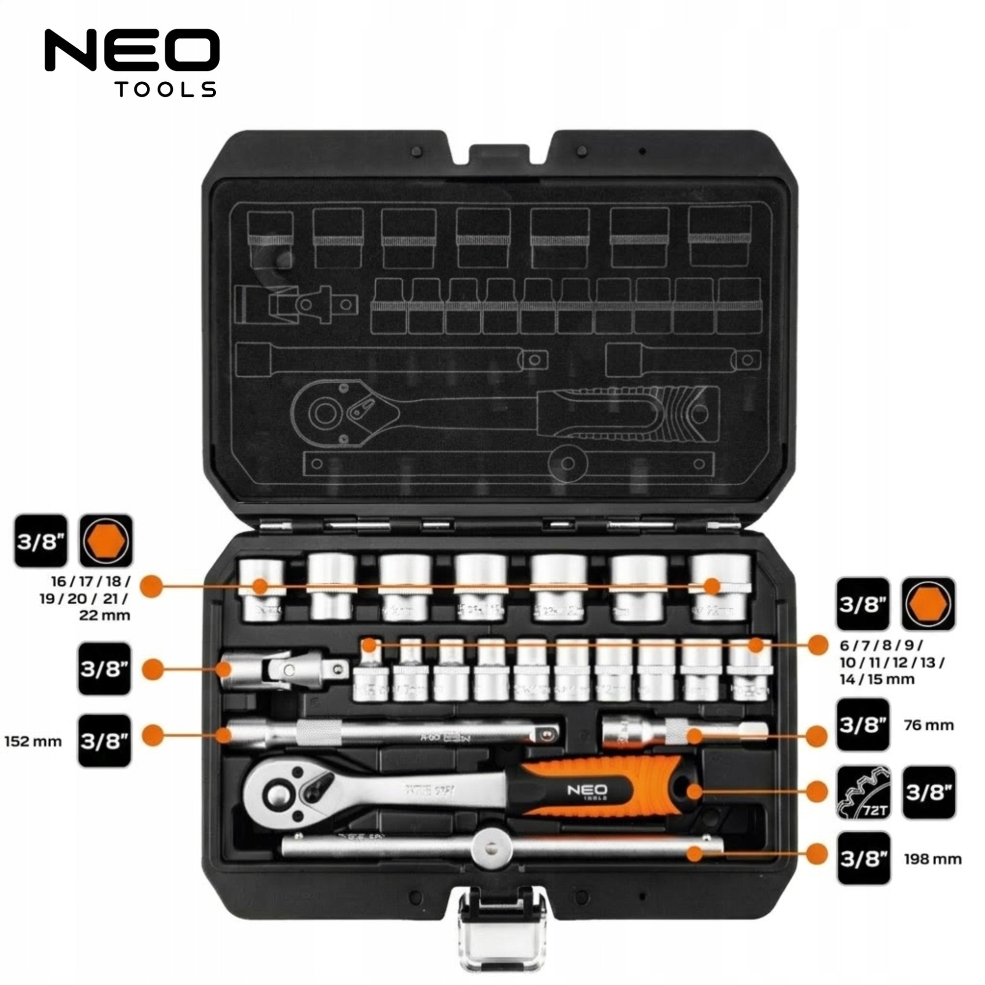 NEO Socket Wrench Set 3/8" 22 el. Ratchet Socket Extensions, CrV Manufacturer code Klucze nasadowe 3/8" NEO TOOLS 10-235