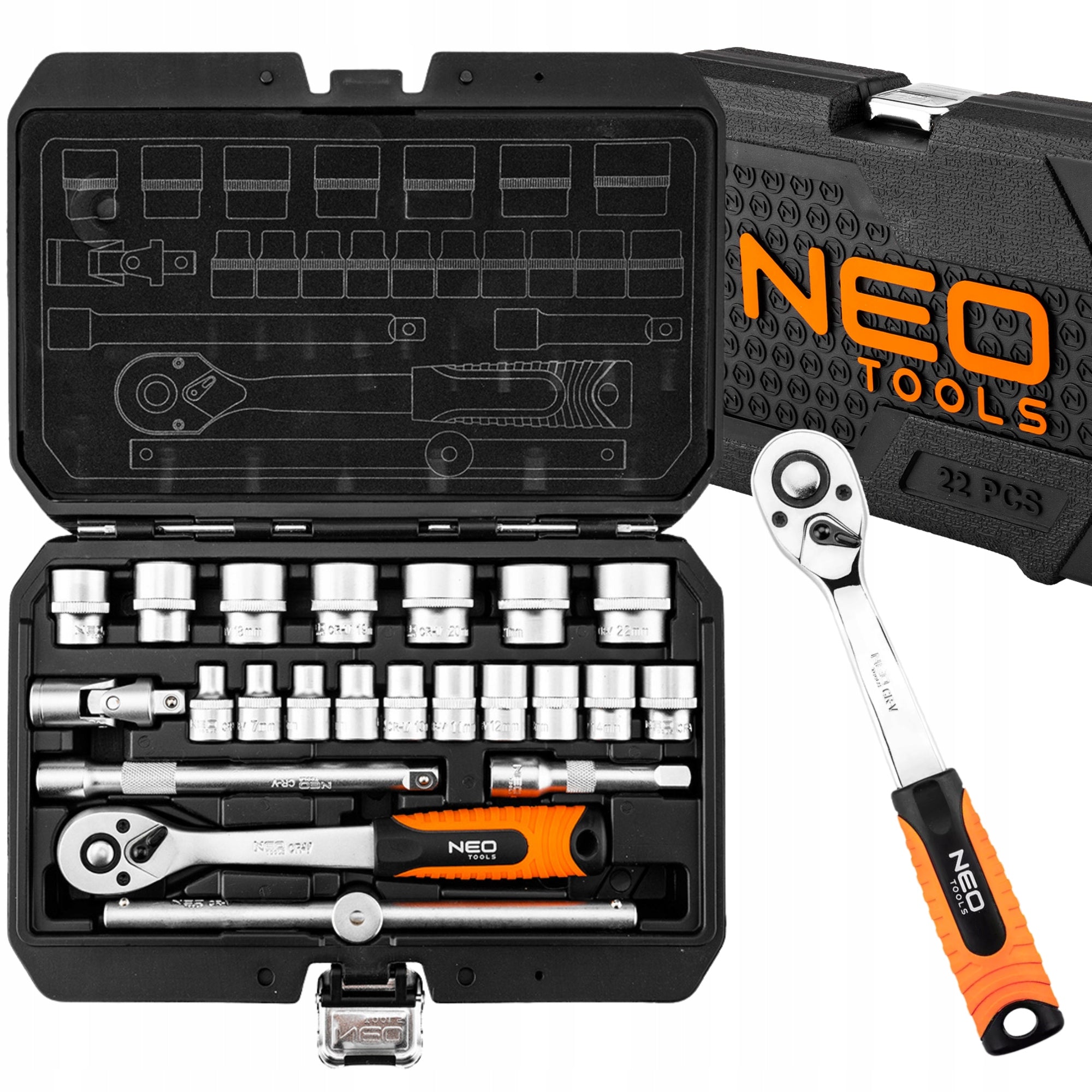 NEO Socket Wrench Set 3/8" 22 el. Ratchet Socket Extensions, CrV