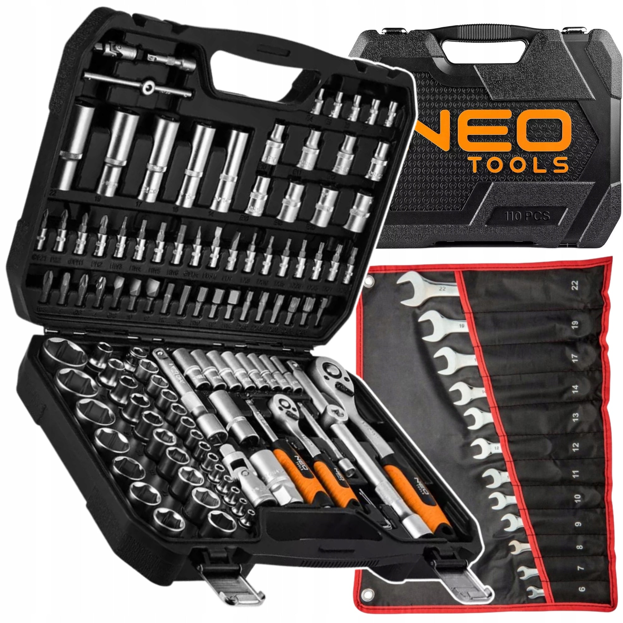 NEO Socket Wrenches 110 el. 1/4 1/2 Suitcase + Flat Eye Wrenches 12 pcs.