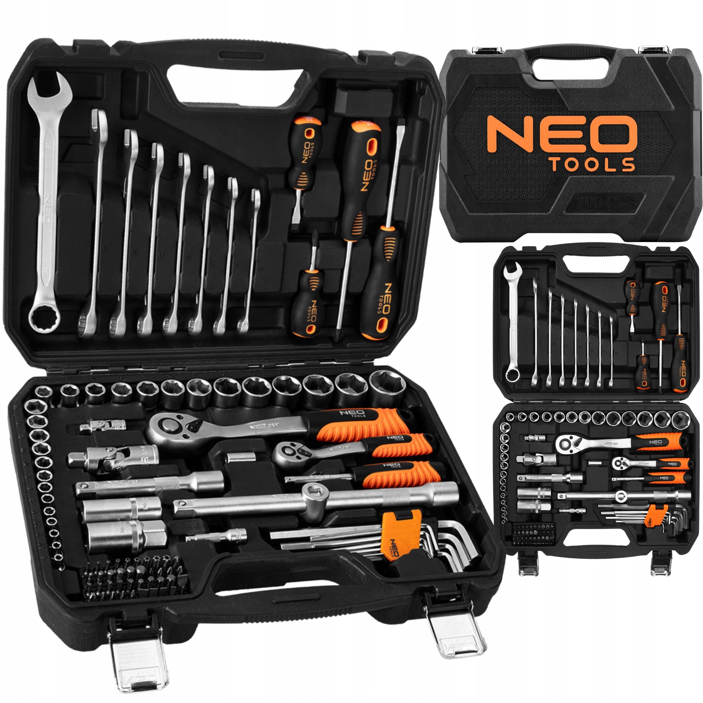 NEO TOOLS Socket Wrench Set 100 el. 1/2" 1/4" Suitcase Stainless Steel Packaging status original