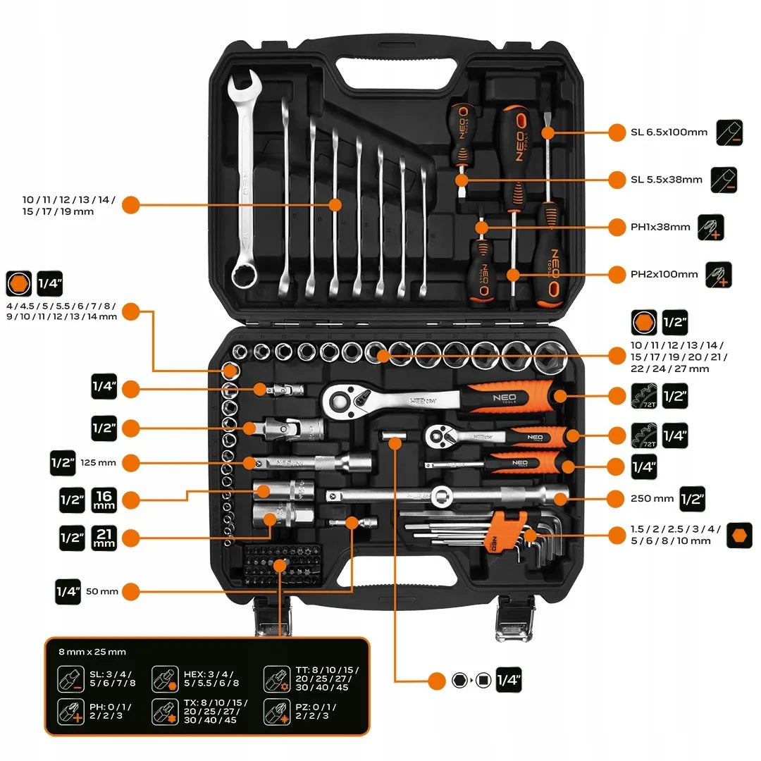 NEO TOOLS Socket Wrench Set 100 el. 1/2" 1/4" Suitcase Stainless Steel Product weight with unit packaging 7.82 kg