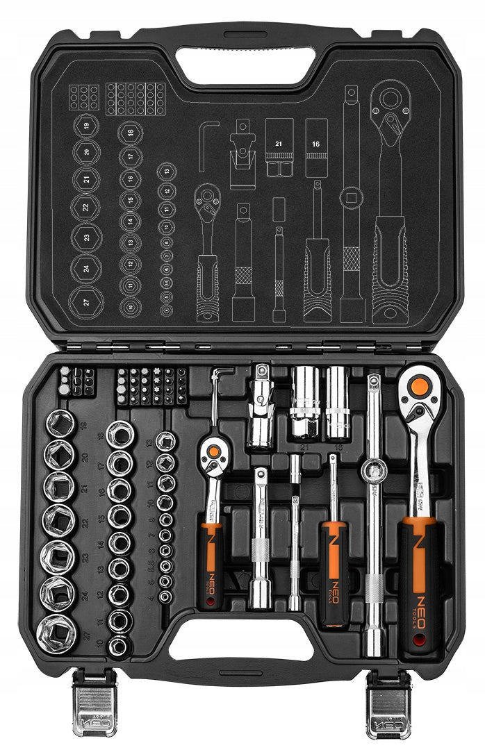 NEO TOOLS Socket Wrenches 1/2" 1/4" 73el Suitcase + Screwdriver Tips 40el Number of items in the set 113