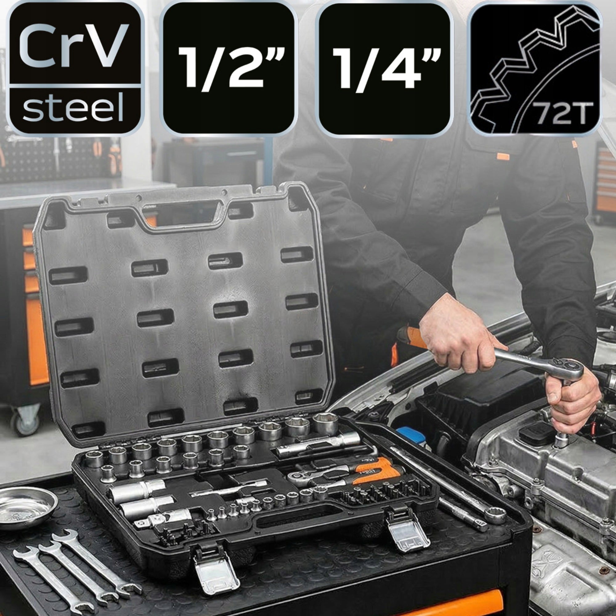 NEO TOOLS Socket Wrenches 1/2" 1/4" Tool Set 68 el. Suitcase Stainless Steel Brand NEO TOOLS