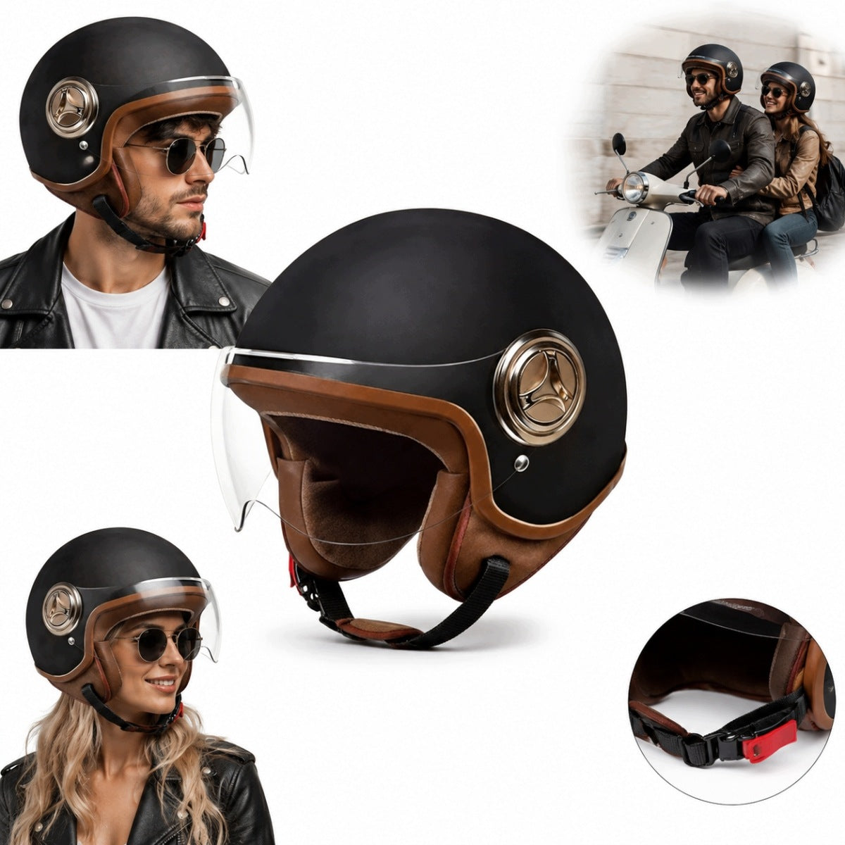 NEW ELEGANT NEO-RETRO BLACK MAT MOTORCYCLE HELMET SCOOTER PREMIUM L