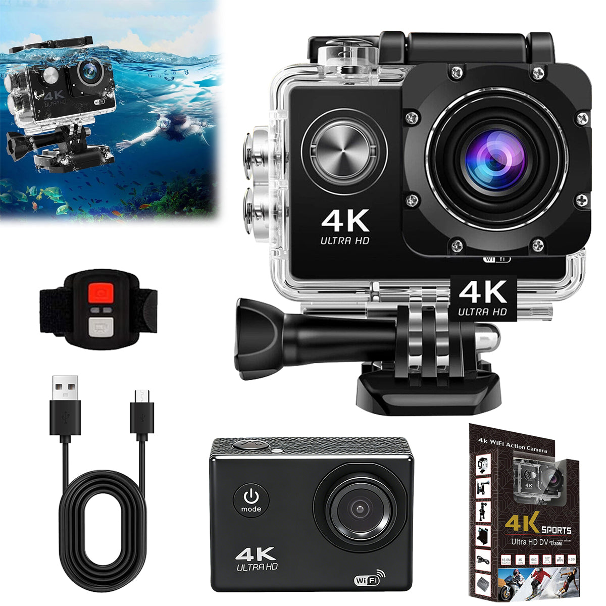 NEW SPORTS CAMERA 4K WIFI USB MICROPHONE WATERPROOF AKCESORIA SET 2026