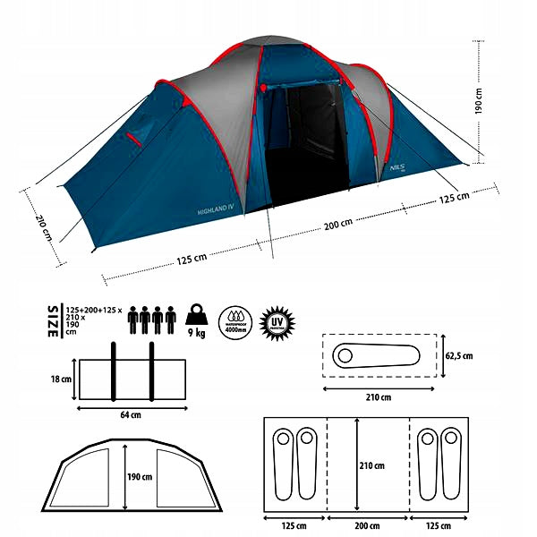 NILS NC6431 CAMPING TENT BLUE-GREY HIGHLAND IV 4 PERSON UV Waterproofness 3000 mm
