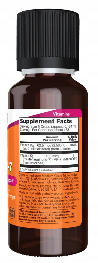 NOW FOODS Liquid D-3 & MK-7 Mint 30 ml VITAMIN D3 MK-7 Number of servings per packaging 30