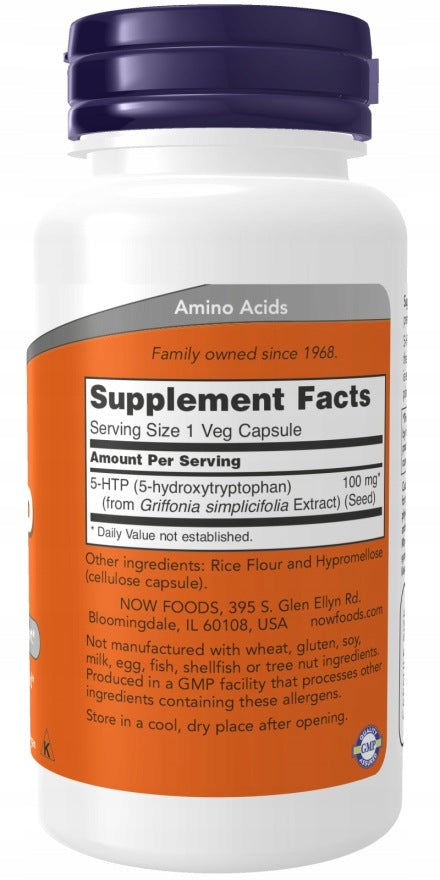 NOW Foods 5-HTP 5-hydroxytryptophan Griffonia Simplicifolia 100mg 120 kaps. Packaging status original