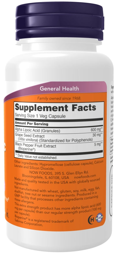 NOW Foods ALPHA-LIPOIC ACID ALA 600 mg Bioperine Grape Seeds 120 v-cap EAN (GTIN) 733739030450