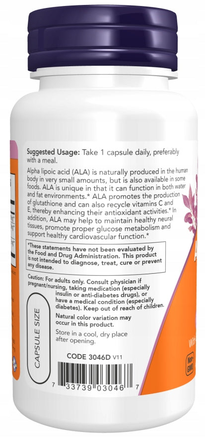NOW Foods ALPHA-LIPOIC ACID ALA 600 mg Bioperine Grape Seeds 120 v-cap Manufacturer code 733739030450