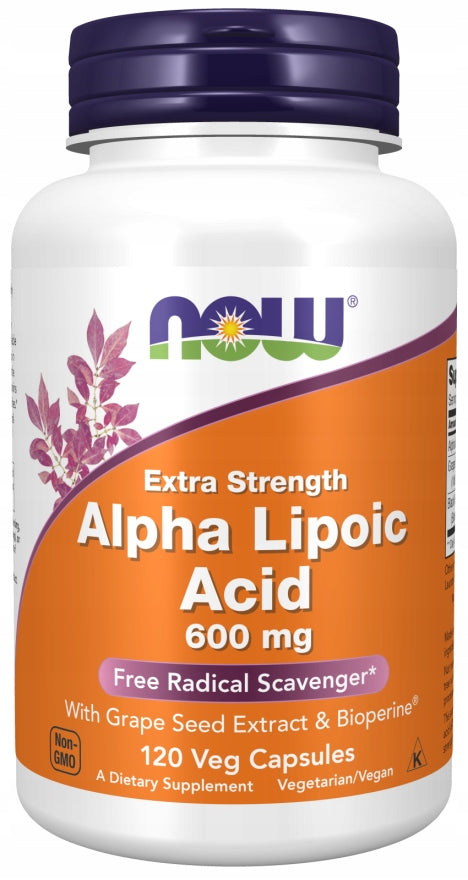 NOW Foods ALPHA-LIPOIC ACID ALA 600 mg Bioperine Grape Seeds 120 v-cap
