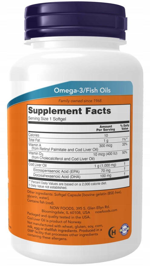 NOW Foods COD LIVER TRAN 1000mg OMEGA-3 EPA DHA Wit A D-3 90softgels EAN (GTIN) 733739017437
