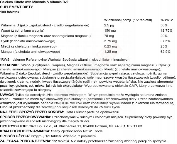 NOW Foods Calcium Citrate 300mg Minerals Wit.D 100tab Manufacturer code 733739012302