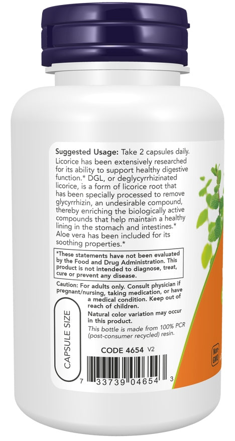 NOW Foods DGL with Aloe Vera - Lime root 400 mg + Aloe Vera 100 kaps Expiration date not specified