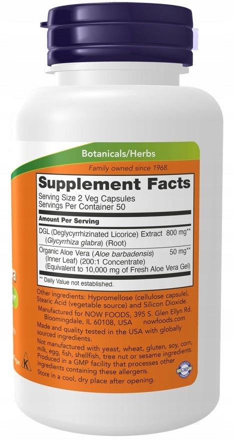 NOW Foods DGL with Aloe Vera - Lime root 400 mg + Aloe Vera 100 kaps Packaging status original
