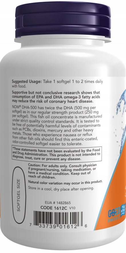 NOW Foods DHA-500 Double Strength OMEGA-3 DHA 500mg, EPA 250mg 90 softgels Manufacturer code 733739016126