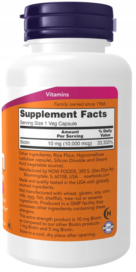 NOW Foods Extra Strength Biotin 10 mg 120 capsules BIOTIN Expiration date at least 3 months from the date of purchase