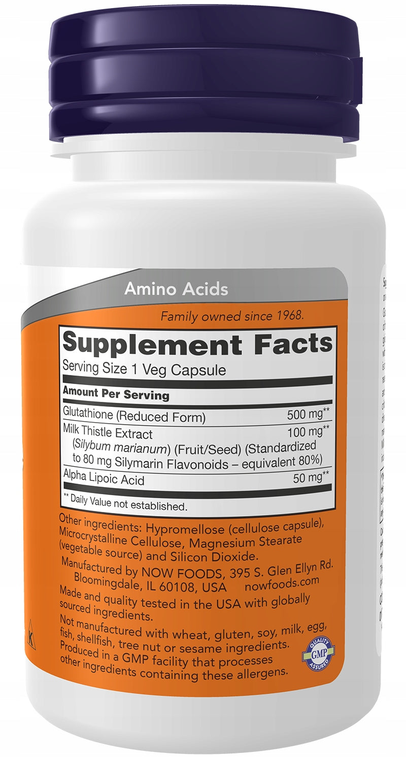 NOW Foods Glutathione 500mg REDUCED GLUTATION ALA MILK THISTLE DETOX 30caps Packaging status original