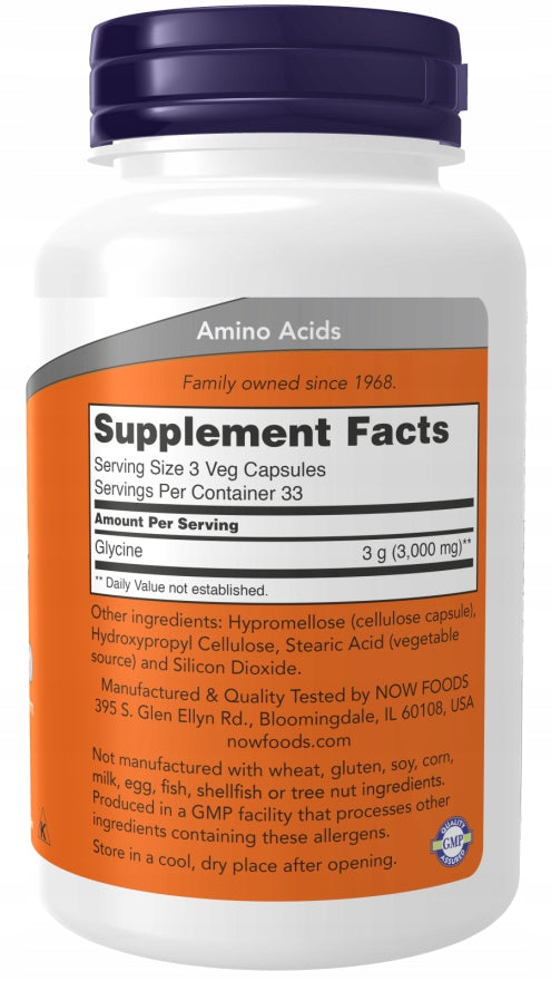 NOW Foods Glycine Sleep Silence Memory PURE GLYCINE 1000mg 100 vegekaps EAN (GTIN) 733739001078