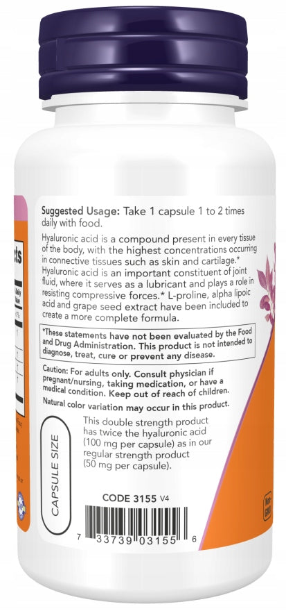 NOW Foods Hyaluronic Acid 100mg Hyaluronic Acid JOINTS SKIN VEGE 60k Manufacturer code 733739031556