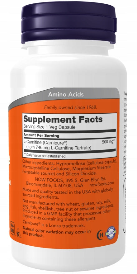 NOW Foods L-Carnitine 500mg CARNITINE MUSCLES FAT BURNING VEGE 60caps EAN (GTIN) 733739000729