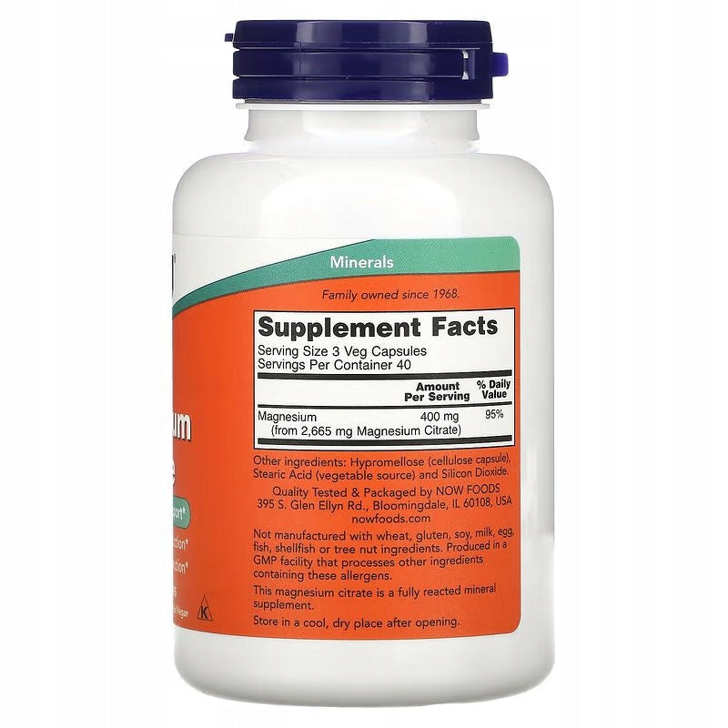 NOW Foods Magnesium Citrate Magnesium Minerals Nerves Energy Contractions 120 vcaps Weight 180 g