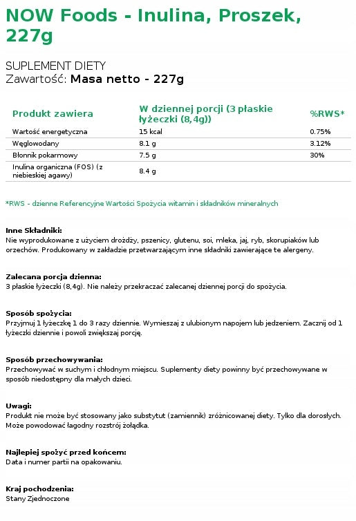 NOW Foods ORG Inulin Inulin Powder Probiotic Supports Digestion 227g. Weight 227 g