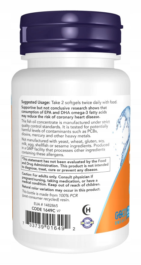 NOW Foods Omega-3 1000mg, 180mg EPA/120mg DHA, Molecularly Distilled - 100 Softgels Manufacturer code 733739016508