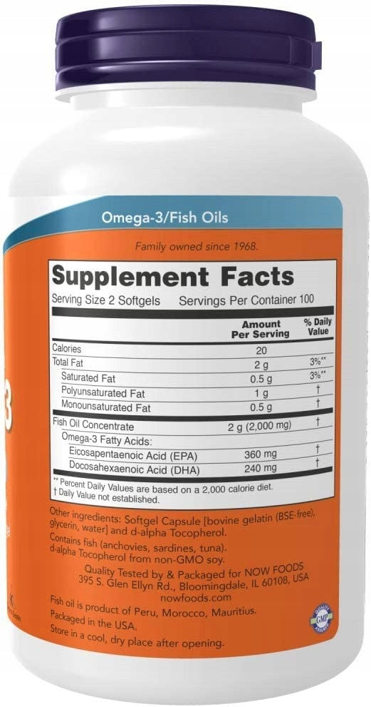 NOW Foods Omega-3 Fish Oil Distilled 200 capsules Expiration date at least six months from the date of purchase