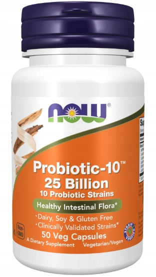 NOW Foods Probiotic-10 PROBIOTIC 10 STRAINS 25 BILLION DIGESTION VEGE 50 Packaging status original