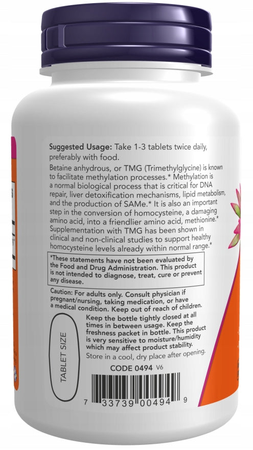 NOW Foods TMG 1000mg BETAINE HOMOCYSTEINE REDUCTION DETOX METHYLATION 100 tab Manufacturer code 733739004949
