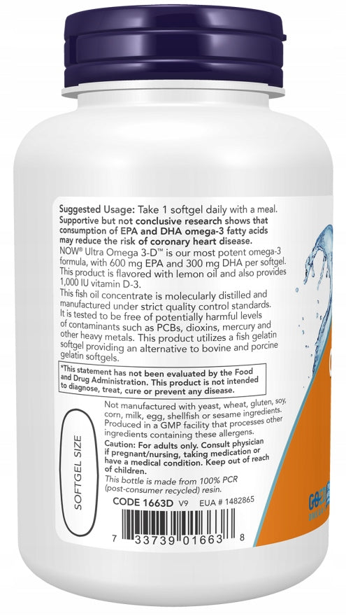 NOW Foods Ultra Omega 3-D + Vitamin D 3 Acids EPA DHA Heart 90softgels Manufacturer code 733739016638