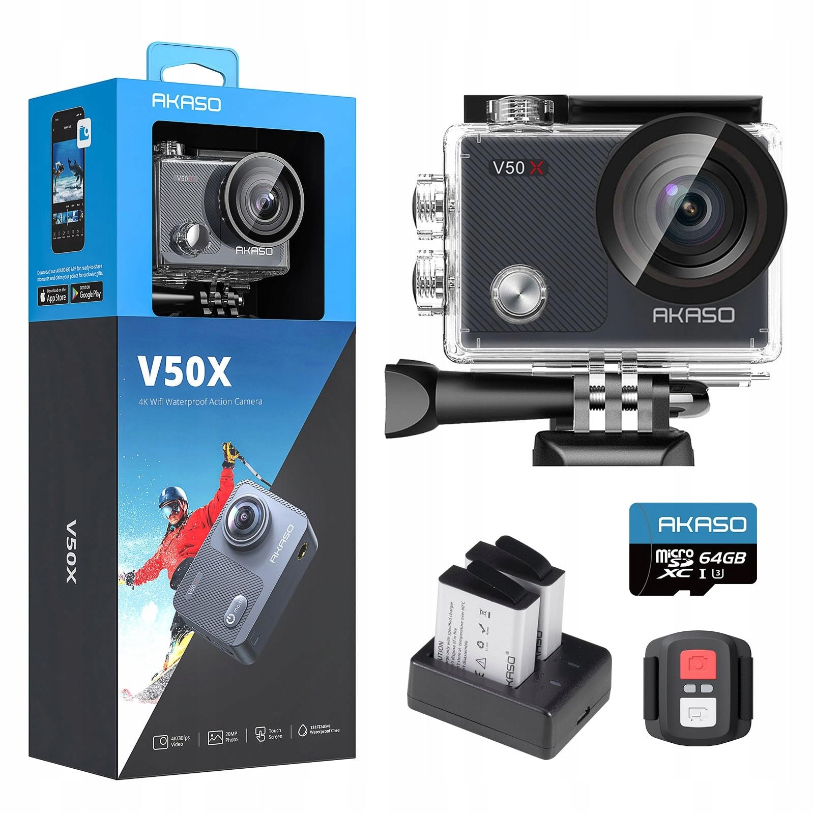 NOWAAKASO V50X Sports Camera 4K 30FPS 64GB Underwater WiFi 40M Stabilization