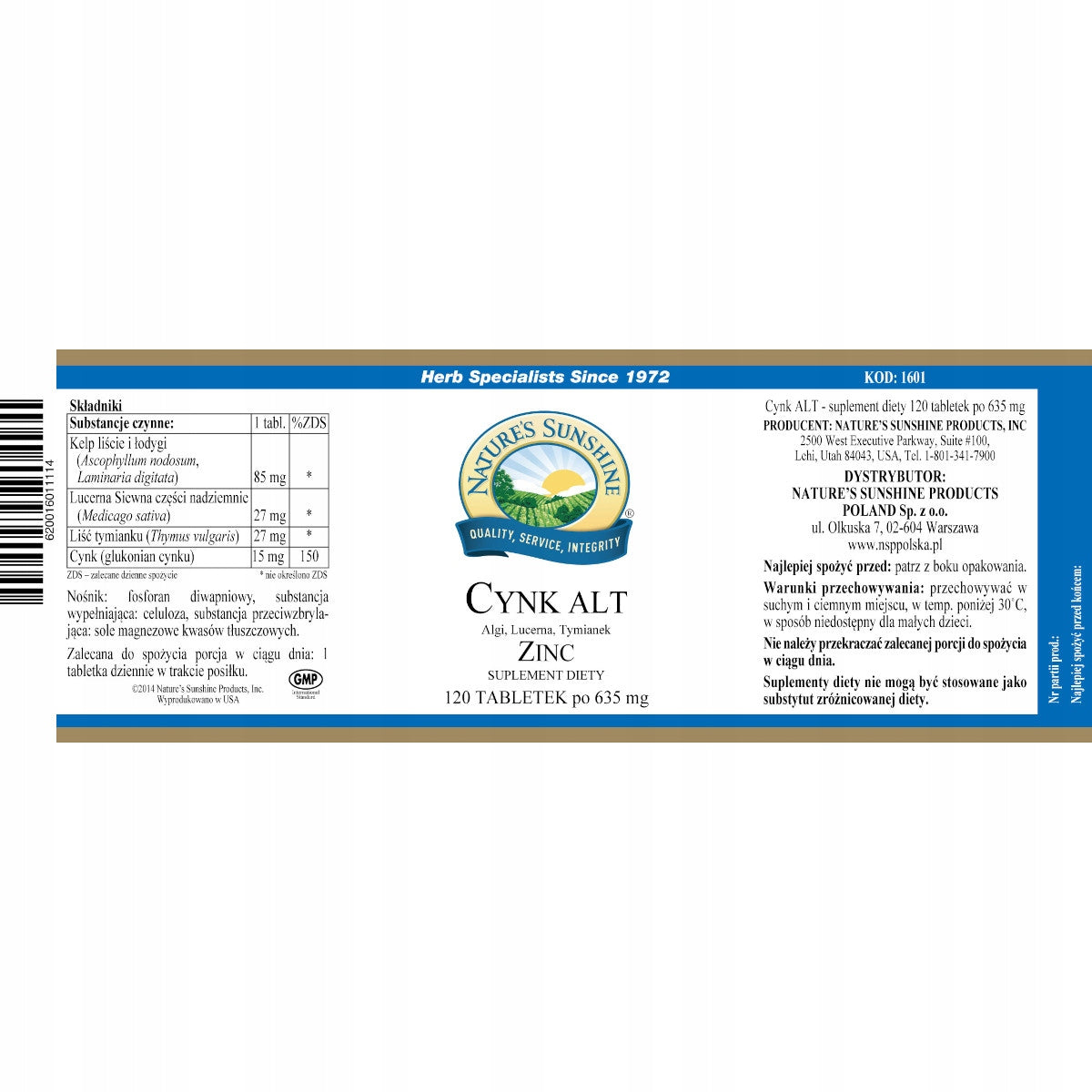 NSP Zinc ALT 15 mg alfalfa and thyme Nature's Sunshine - 120 tablets Manufacturer code 1601620422