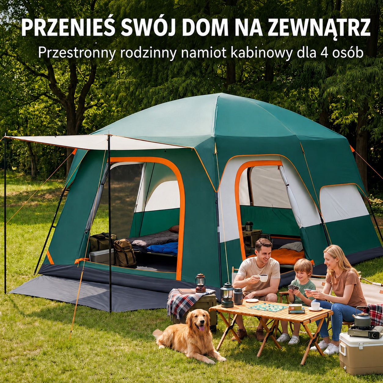 Namiot Kempingowy 4 Osobowy Rodzinny z Markizą Dwupokojowy Packaging status original
