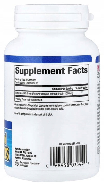 Natural Factors - Berberine / Berberine HCl (hydrochloride) 500mg | 60 kaps Expiration date at least 1 year from the date of purchase
