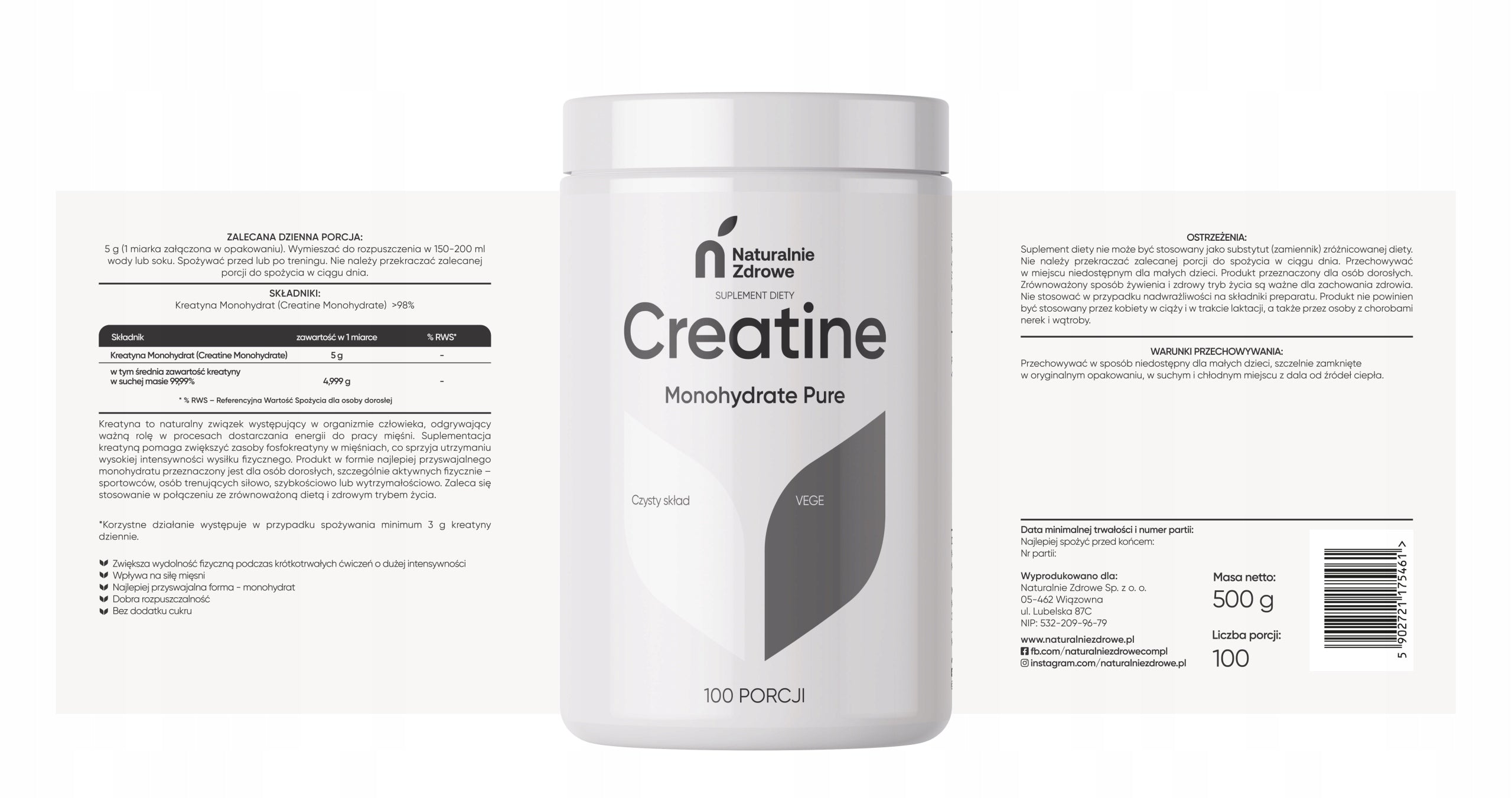 Naturalnie Zdrowe Creatine Monohydrate Pure Natural Creatine 500g Expiration date at least 1 year from the date of purchase