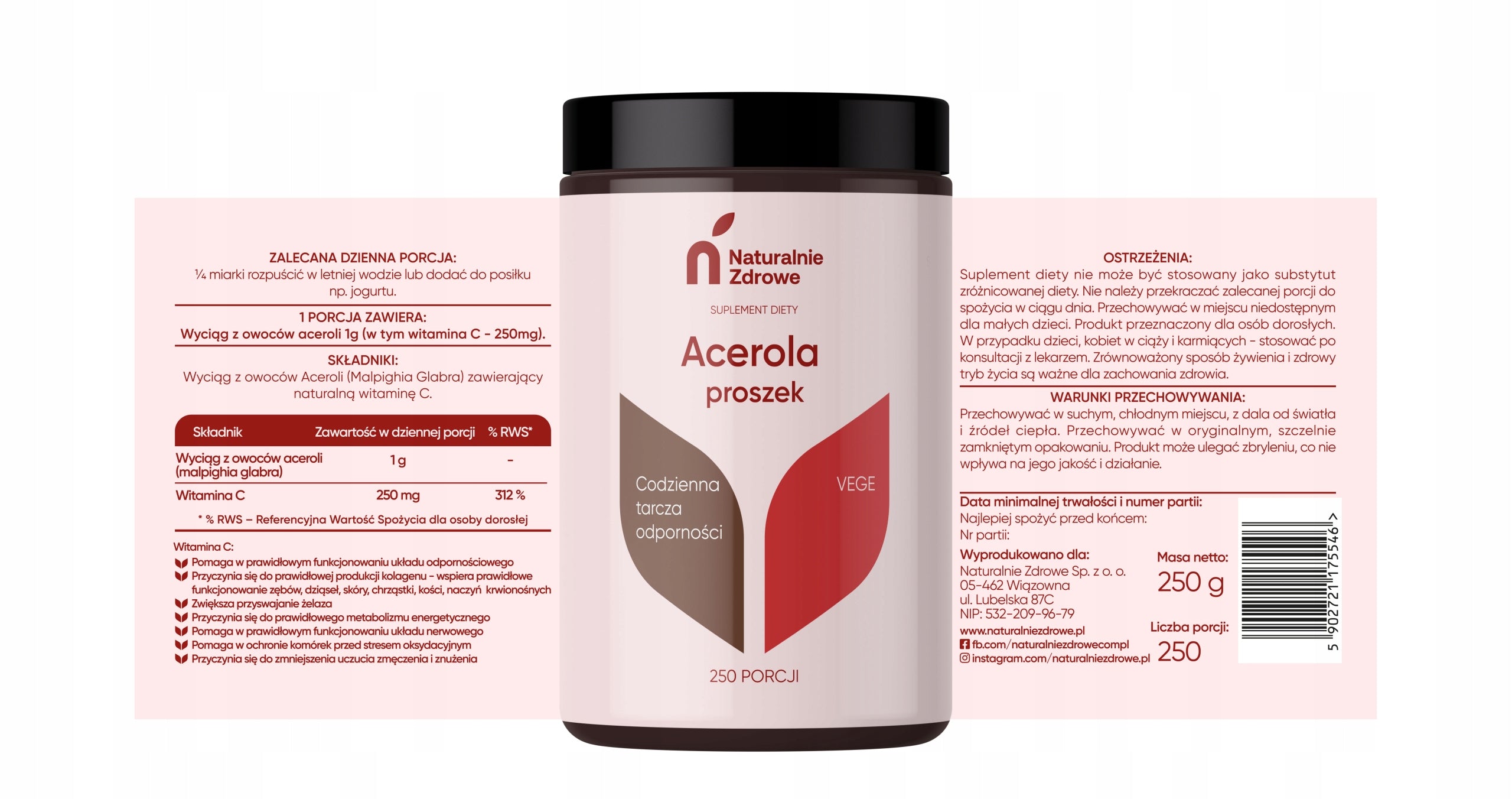 Naturalnie Zdrowe Dietary Supplement Acerola Vitamin C Powder 250 g Brand Naturalnie Zdrowe