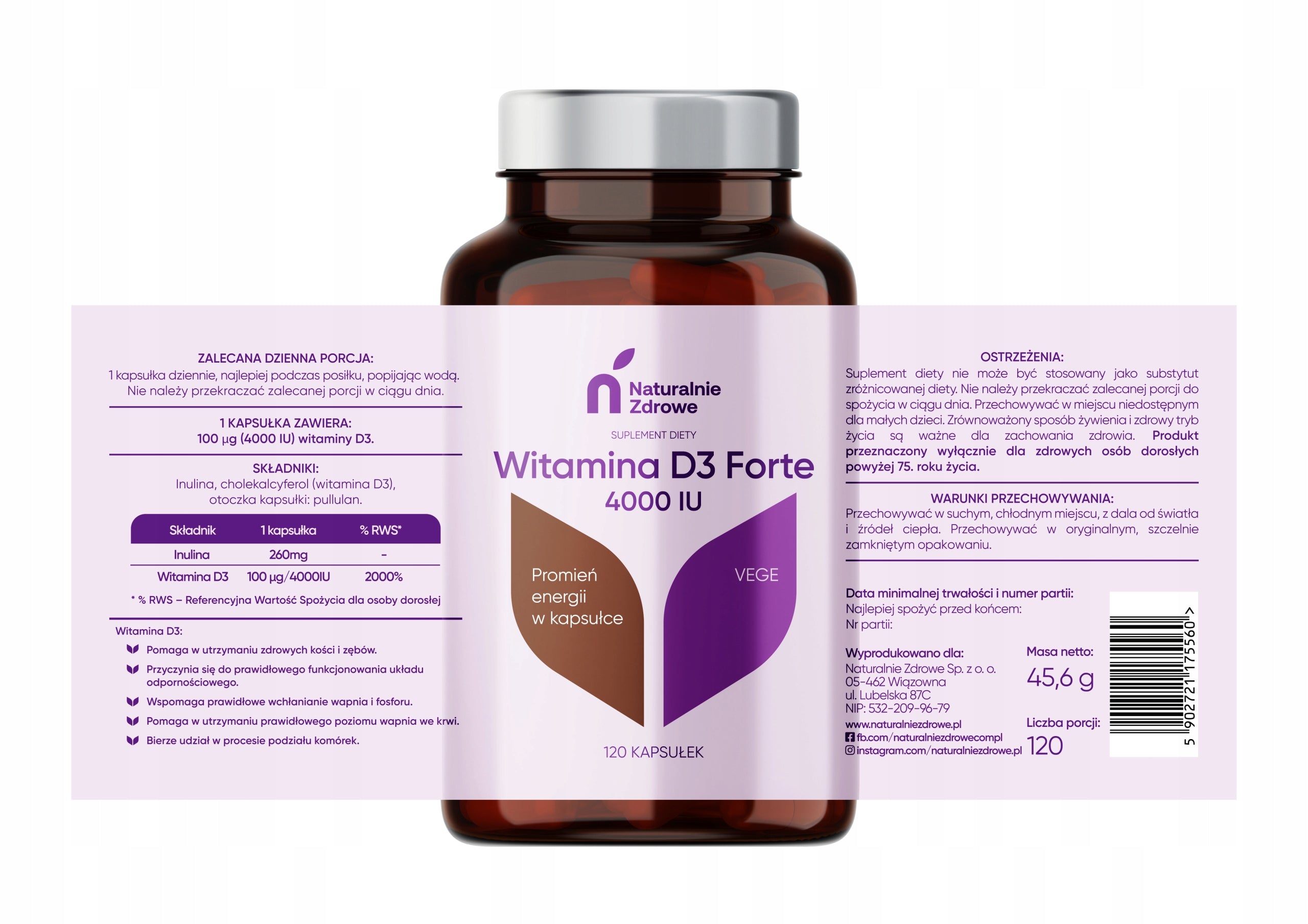 Naturalnie Zdrowe Dietary Supplement Vitamin D3 Forte 4000 Lu 120pcs Brand Naturalnie Zdrowe