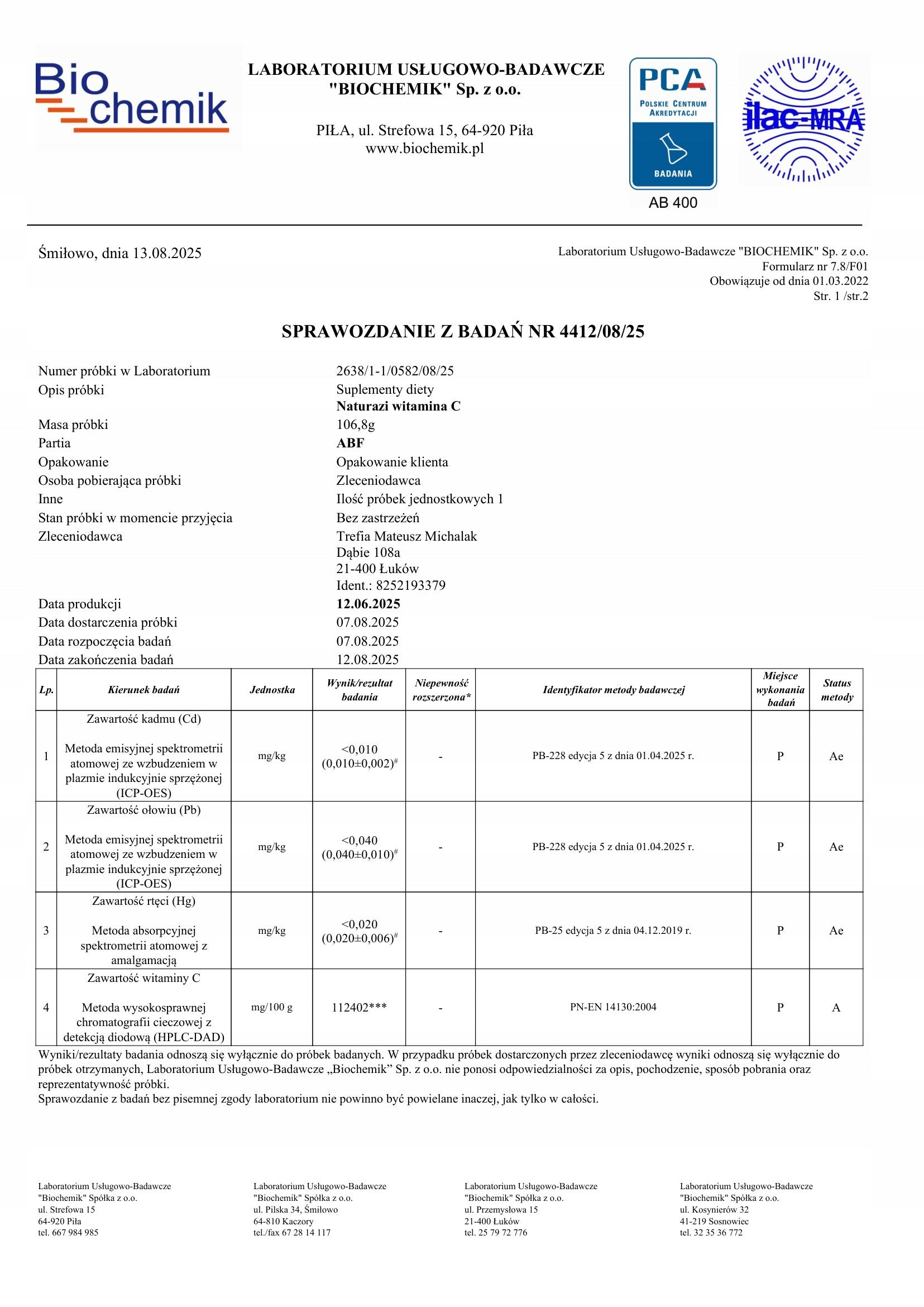 Naturazi Vitamin C buffered - 100 capsules - TESTS CONTENTS Name other