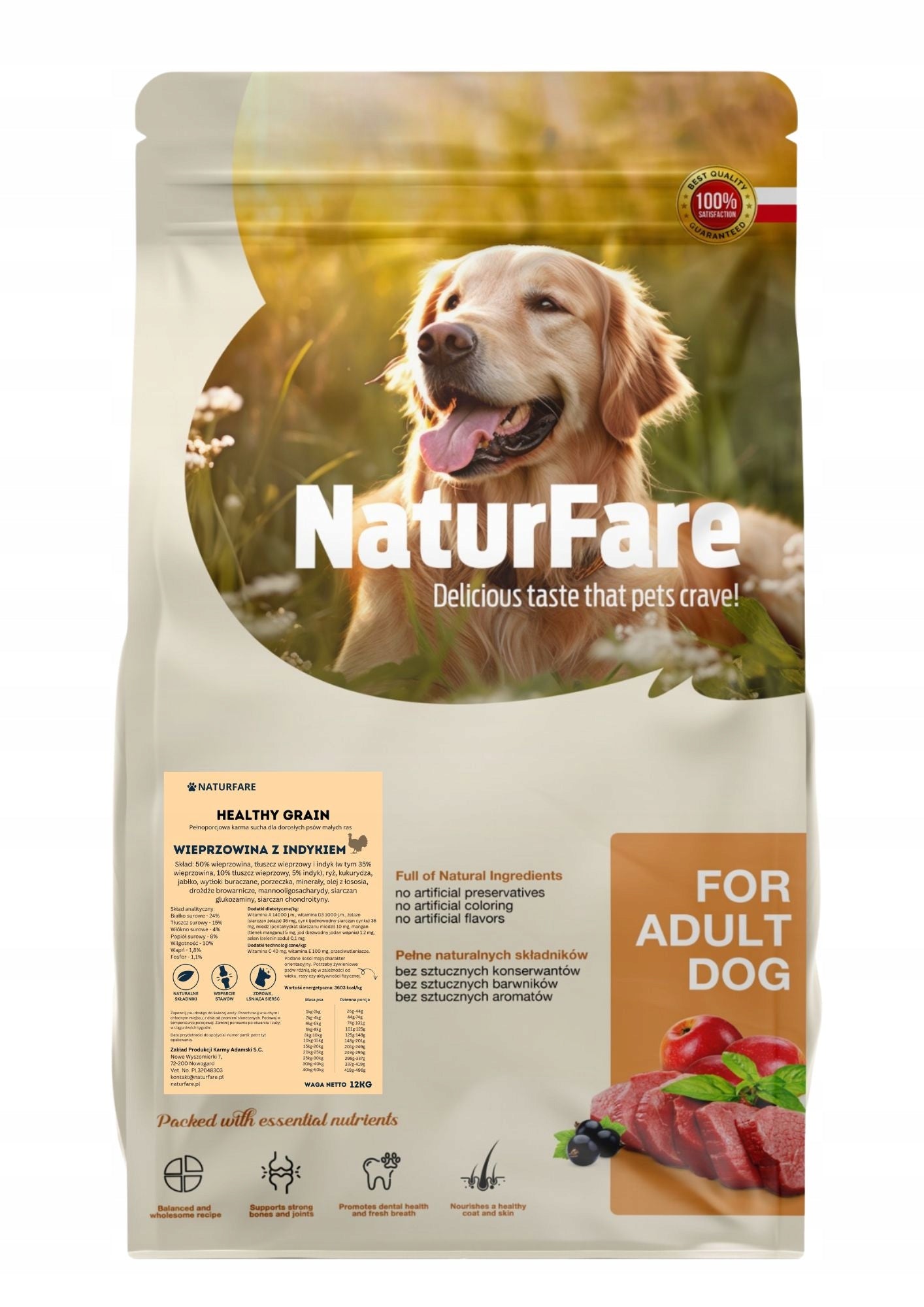 Naturfare food for adult small breed dogs pork with turkey 12kg