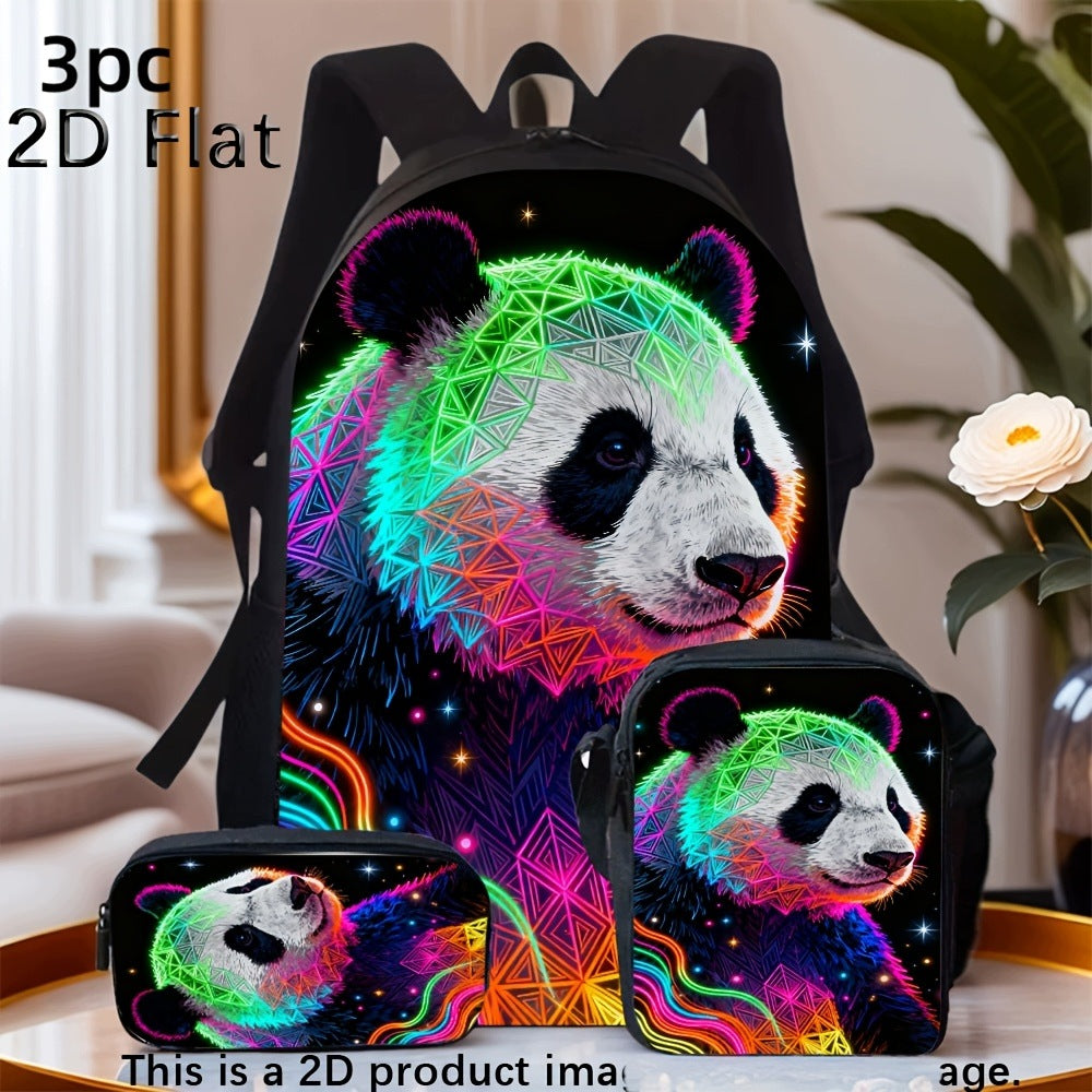 Neon Colorful Geometric Panda 3-Piece Backpack Set with Art Pattern