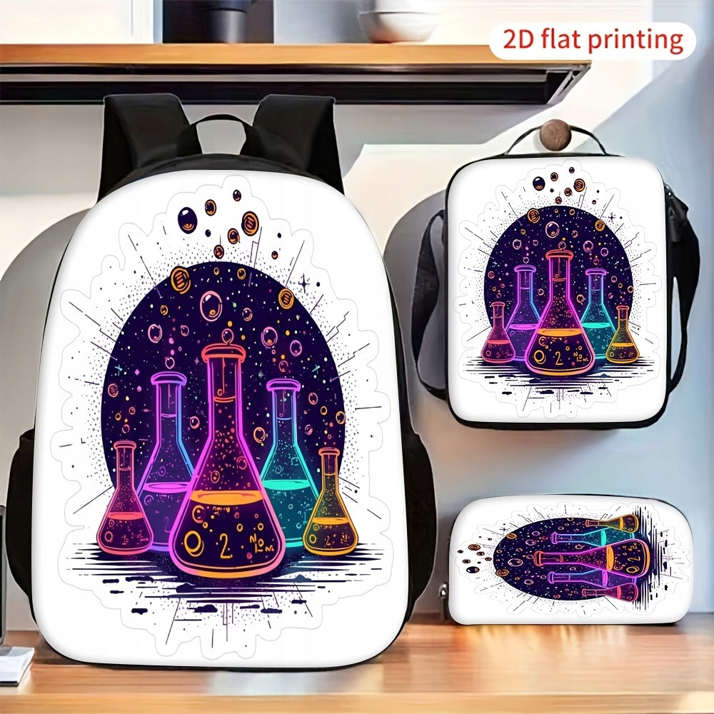 Neon Glowing Chemical Flask 3-Piece Backpack Set: Includes Lunch Bag and Pencil Case