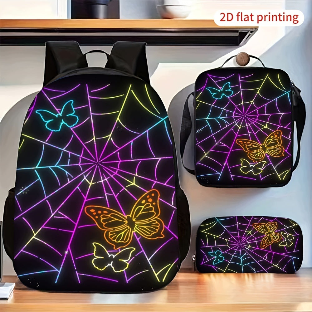 Neon Spider Web Butterfly Print 3-Piece Backpack Set with Lunch Bag and Pencil Case
