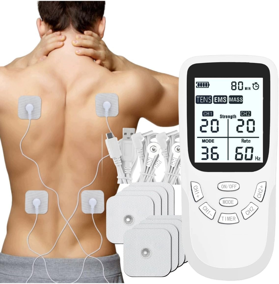 Nerve muscle electrostimulator TENS EMS MASSAGE 36 programs + ELECTRODES