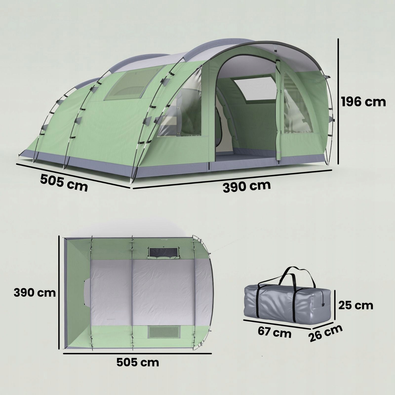 New style 4-person tunnel tent with 2 bedrooms 196 cm Manufacturer code A20-602V00GN-1
