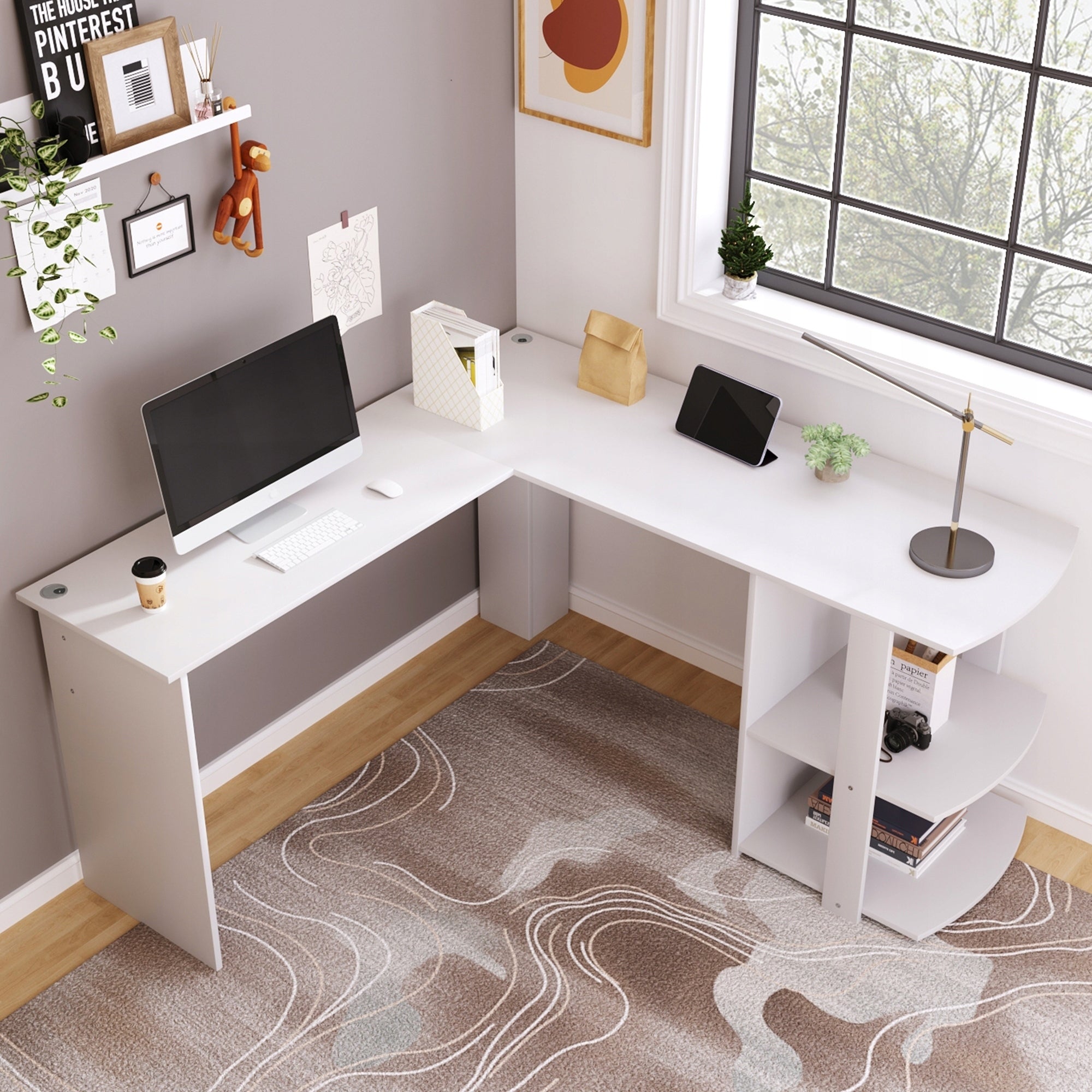 New style L-shaped corner desk, 140 cm, white, 2 shelves Brand no brand