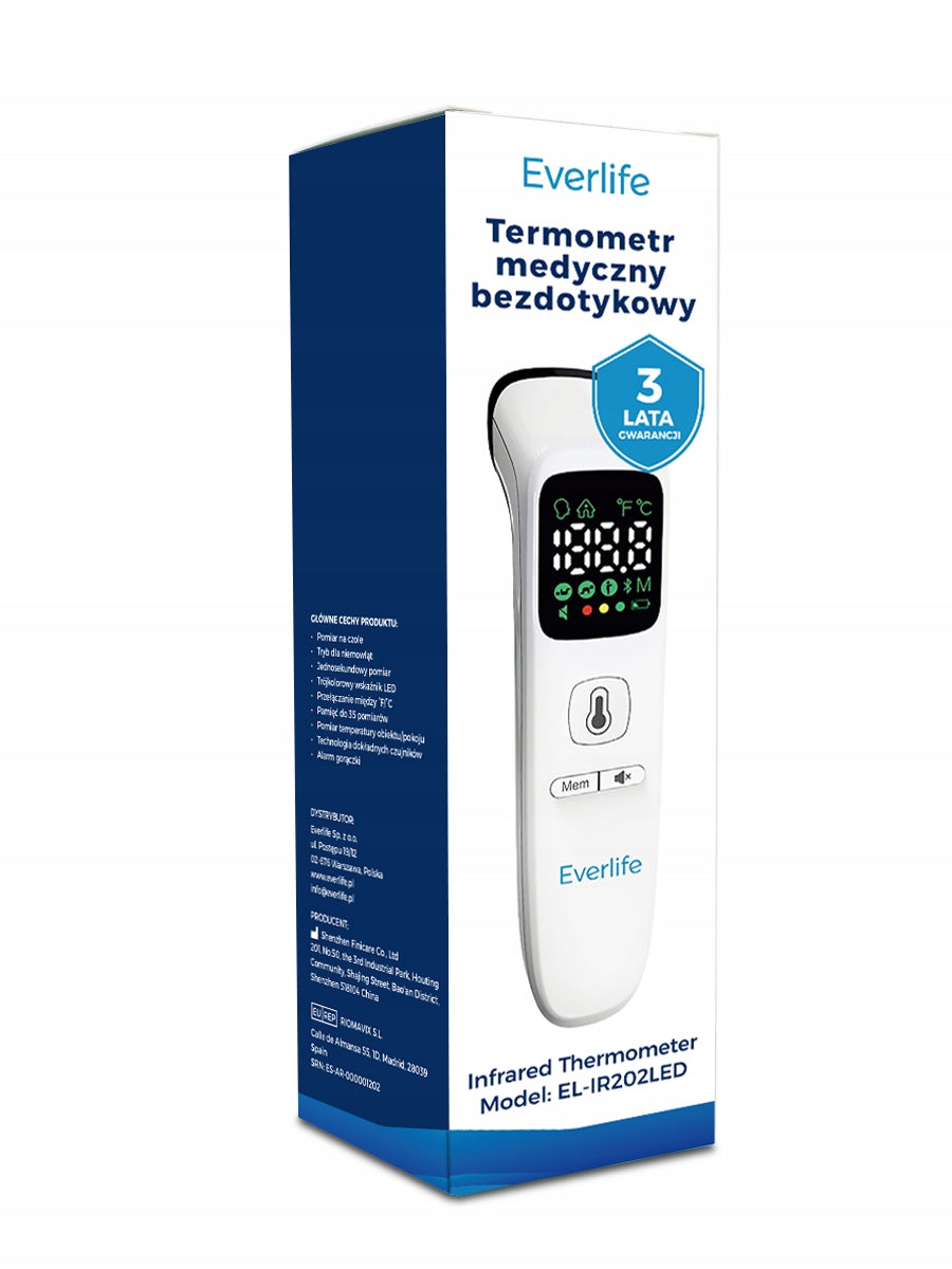 Non-Contact Thermometer Everlife Medical 1s Fever Alarm Case Batteries Packaging status original
